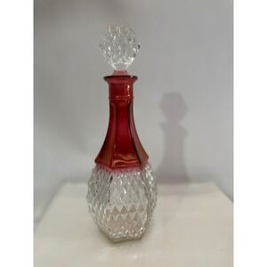 Vintage Kings Crown Ruby Flash Glass Decanter with Stopper 12 Inch Hexagonal